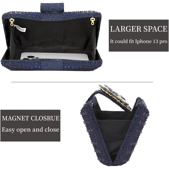 Womens Blue Novelty Bow Evening Silver Rhinestone Party Crystal Clutch - Picture 5 of 8